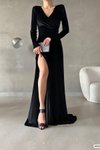 Siyah Kruvaze Yaka Uzun Kol Yırtmaç Detay Kadife Kumaş Abiye Elbise