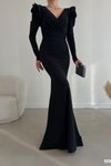 Siyah Omuzları Volan Detay Uzun Kol Kuşaklı İthal Krep Kumaş Abiye Elbise