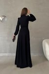Siyah Uzun Kol Yırtmaçlı İthal Krep Kumaş Abiye Elbise