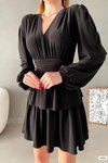 Siyah V Yaka Uzun Kol Sandy Kumaş Katlamalı Mini Elbise