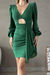 Yeşil V Yaka Uzun Kol İthal Krep Kumaş Bel Dekolte Detay Mini Elbise
