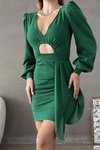 Yeşil V Yaka Uzun Kol İthal Krep Kumaş Bel Dekolte Detay Mini Elbise