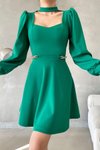 Yeşil Zincir Detay Pencere Yaka İthal Krep Kumaş Uzun Kol Mini Elbise