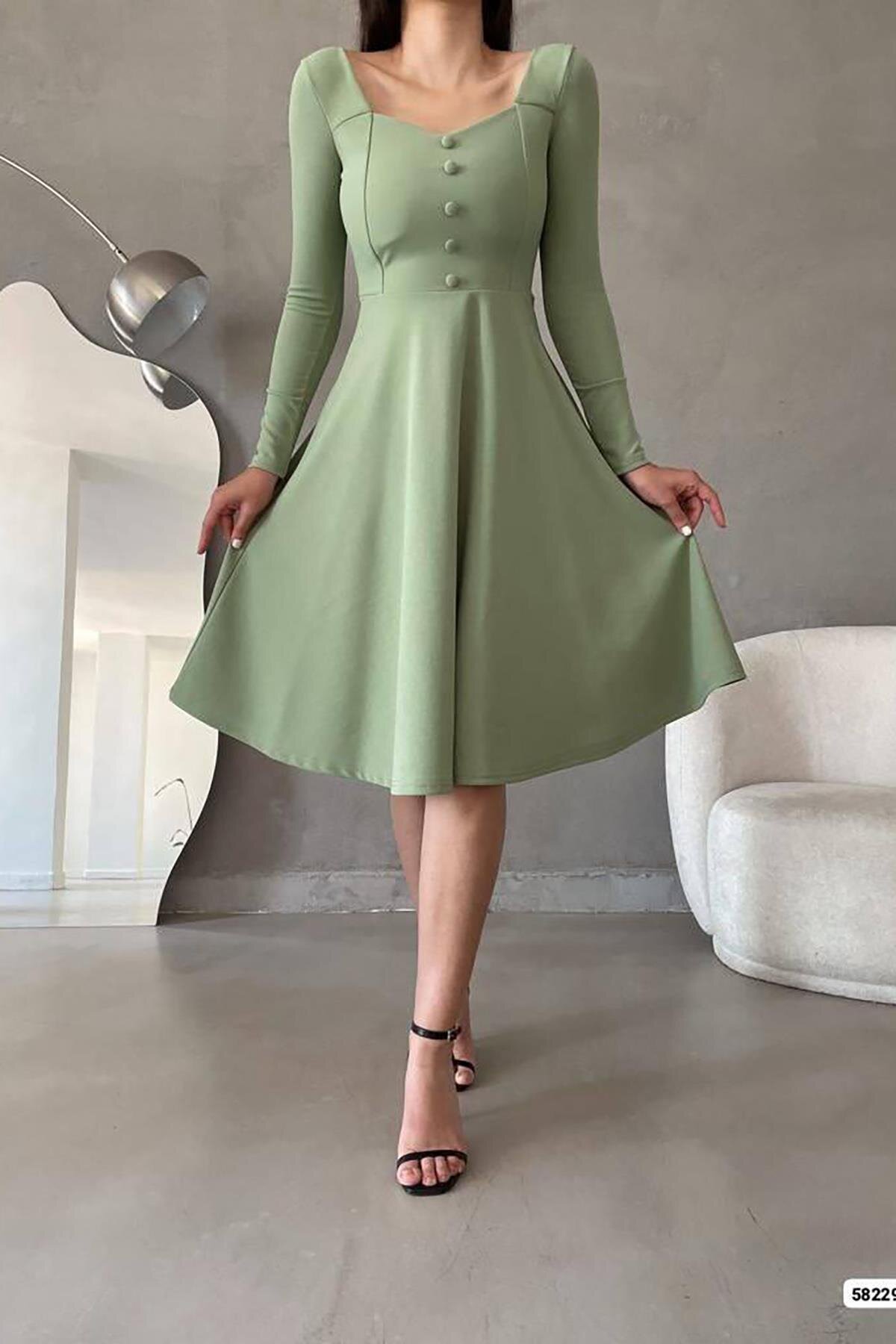 Mint Long Sleeve Button Detail Midi Length Imported Crepe Fabric Dress - Deafox