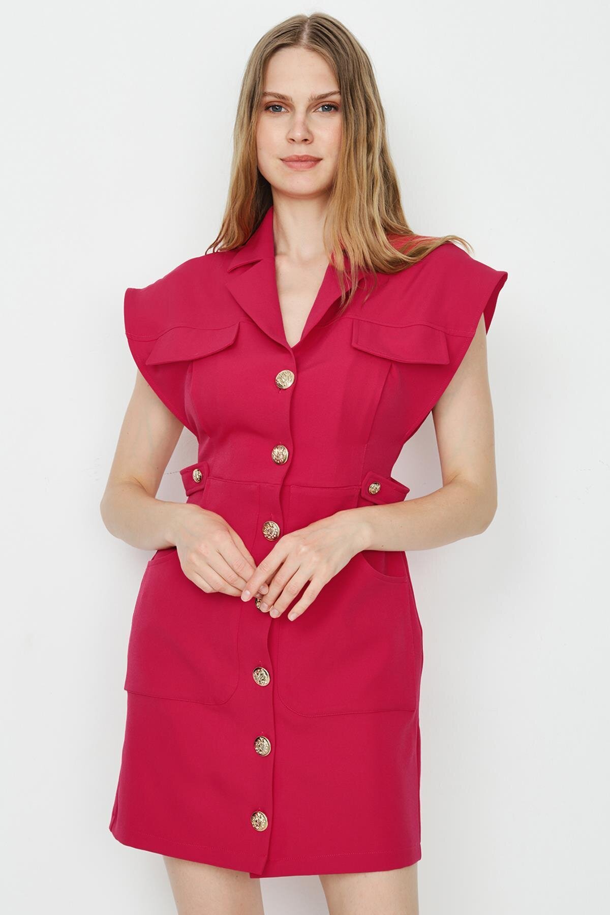 Select Moda Nar Çiçeği Dokuma Düğme Detaylı Mini Gömlek Elbise