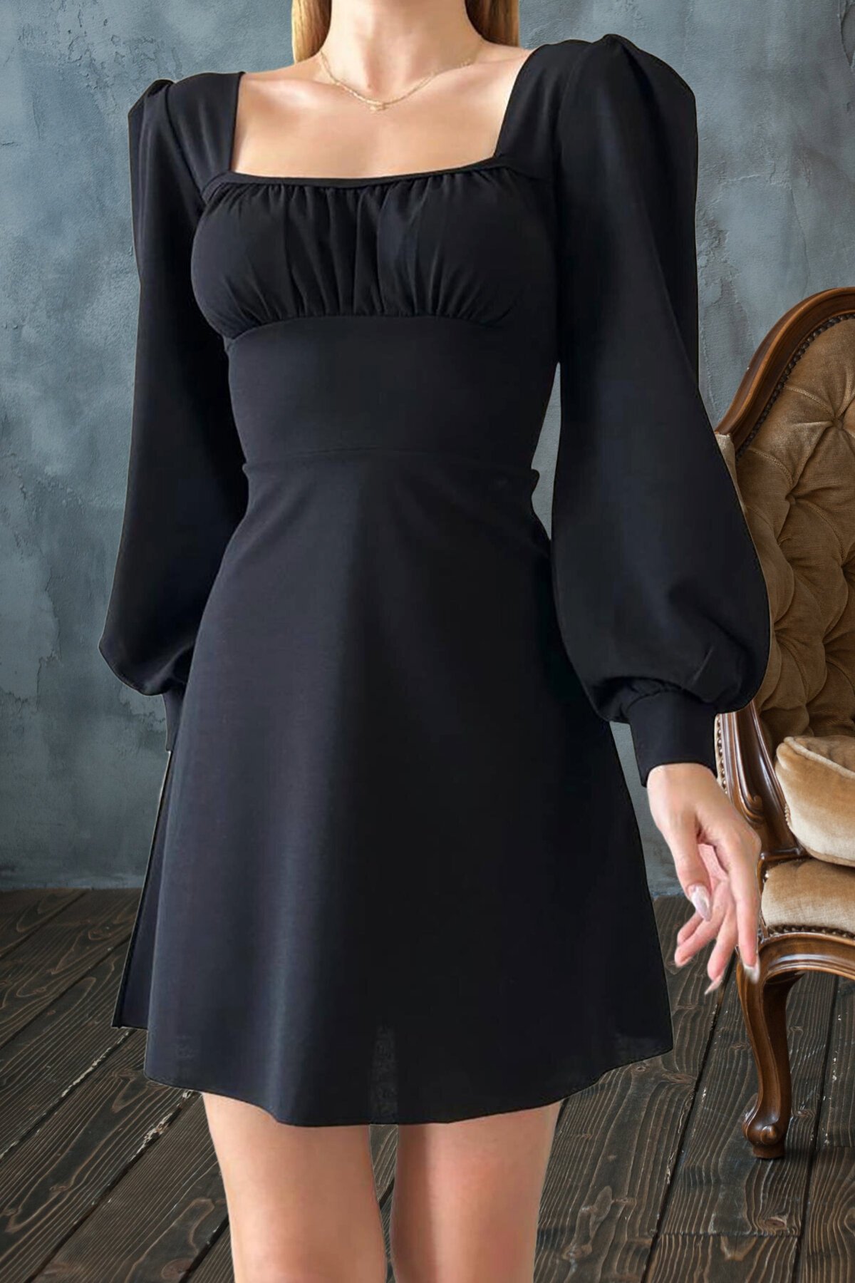 Deafox Siyah Sırt Detay Uzun Kol İthal Krep Kumaş Mini Elbise