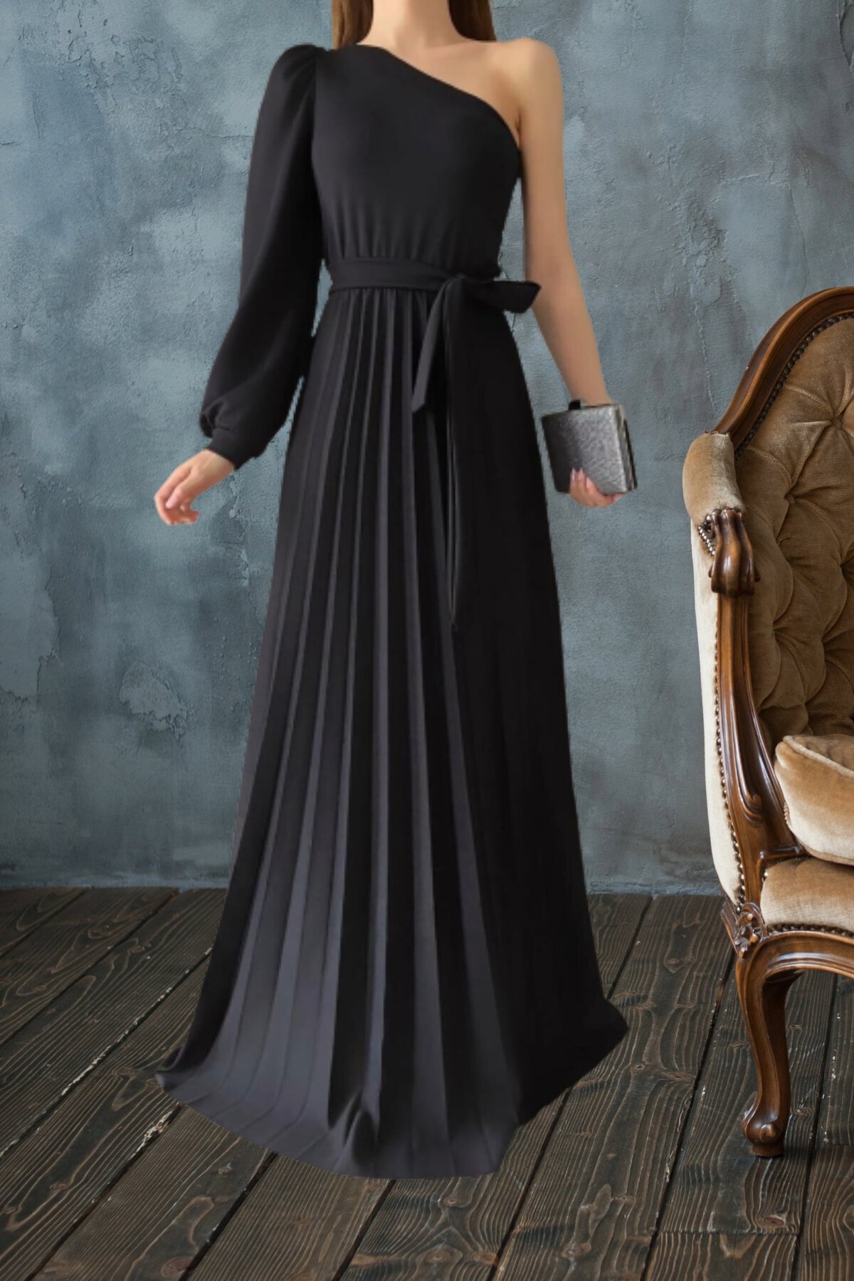 Deafox Tek Omuzlu Siyah Kuşaklı Pliseli Krep Kumaş Uzun Abiye Elbise