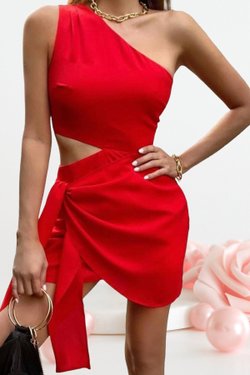 Kırmızı Asimetrik Kesim Eteği Bağlamalı Krep Kumaş Mini Elbise