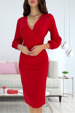 Kırmızı Krep Kumaş Uzun Kollu Kruvaze Yaka Midi Elbise