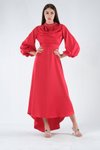 Kırmızı Drape Detaylu Uzun Kol Abiye Elbise