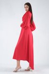 Kırmızı Drape Detaylu Uzun Kol Abiye Elbise