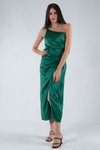 Tek Omuz Askılı Zümrüt İnce Saten Midi Abiye Elbise