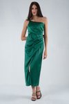 Tek Omuz Askılı Zümrüt İnce Saten Midi Abiye Elbise