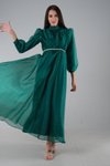 Yeşil Uzun Balon Kol Dik Yaka Abiye Elbise
