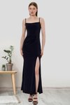 Askılı Siyah Derin Yırtmaçlı Trend Uzun Abiye Elbise