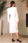 Ekru Uzun Kollu Yırtmaçlı Klasik Midi Elbise