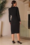 Siyah Uzun Kollu Yırtmaçlı Klasik Midi Elbise