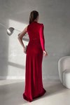 Kırmızı Balıkçı Yaka Taş Detay Tek Kol Kadife Kumaş Uzun Abiye Elbise