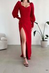 Kırmızı Balon Kol Yırtmaç Detay İthal Krep Kumaş Uzun Abiye Elbise
