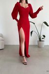 Kırmızı Balon Kol Yırtmaç Detay İthal Krep Kumaş Uzun Abiye Elbise