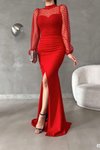 Kırmızı Detay Uzun Kol İthal Krep Kumaş Yırtmaçlı Tül Abiye Elbise