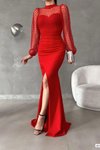 Kırmızı Detay Uzun Kol İthal Krep Kumaş Yırtmaçlı Tül Abiye Elbise