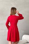 Kırmızı Kruvaze Yaka İthal Krep Kumaş Uzun Kol Kuşaklı Mini Elbise