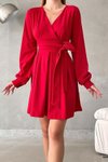 Kırmızı Kruvaze Yaka İthal Krep Kumaş Uzun Kol Kuşaklı Mini Elbise