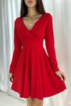 Kırmızı Kruvaze Yaka Krep Kumaş Uzun Kol Midi Kloş Elbise