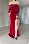Kırmızı Madonna Yaka Taş Detay Uzun Kollu Kadife Kumaş Abiye Elbise