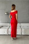 Kırmızı Scuba Kumaş Yaka Detaylı Uzun Abiye Elbise