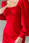 Kırmızı Sırt Detay Uzun Kol İthal Krep Kumaş Mini Elbise