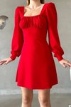 Kırmızı Sırt Detay Uzun Kol İthal Krep Kumaş Mini Elbise
