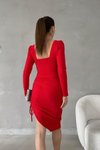 Kırmızı Tek Taraf Ayarlanabilir Yırtmaç Detay Uzun Kol İthal Krep Kumaş Midi Elbise