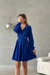 Saks Mavisi Kruvaze Yaka İthal Krep Kumaş Uzun Kol Kuşaklı Mini Elbise