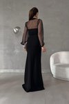 Siyah Detay Uzun Kol İthal Krep Kumaş Yırtmaçlı Tül Abiye Elbise