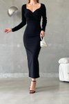 Siyah Kalp Yaka Yırtmaçlı Uzun Kollu Midi Elbise