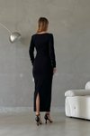Siyah Kalp Yaka Yırtmaçlı Uzun Kollu Midi Elbise