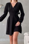 Siyah Kruvaze Yaka İthal Krep Kumaş Uzun Kol Kuşaklı Mini Elbise