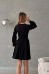 Siyah Kruvaze Yaka İthal Krep Kumaş Uzun Kol Kuşaklı Mini Elbise