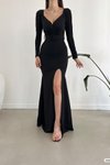 Siyah Kruvaze Yaka Yırtmaç Detay İthal Krep Kumaş Kemerli Uzun Abiye Elbise