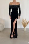 Siyah Madonna Yaka Taş Detay Uzun Kollu Kadife Kumaş Abiye Elbise