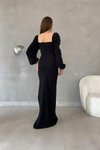 Siyah Prenses Kol Yırtmaç Detay Kalp Yaka İthal Krep Kumaş Uzun Abiye Elbise