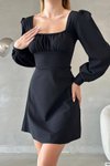 Siyah Sırt Detay Uzun Kol İthal Krep Kumaş Mini Elbise
