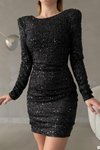Siyah Sırt Detay Uzun Kollu Omuz Vatkalı Pulpayet Mini Abiye Elbise