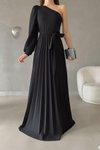 Tek Omuzlu Siyah Kuşaklı Pliseli Krep Kumaş Uzun Abiye Elbise