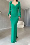 Yeşil Prenses Kol Yırtmaç Detay Kalp Yaka İthal Krep Kumaş Uzun Abiye Elbise