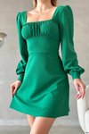 Yeşil Sırt Detay Uzun Kol İthal Krep Kumaş Mini Elbise