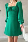 Yeşil Sırt Detay Uzun Kol İthal Krep Kumaş Mini Elbise