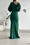 Yeşil Tek Omuzlu Açık Detay İthal Krep Kumaş Uzun Kol Abiye Elbise